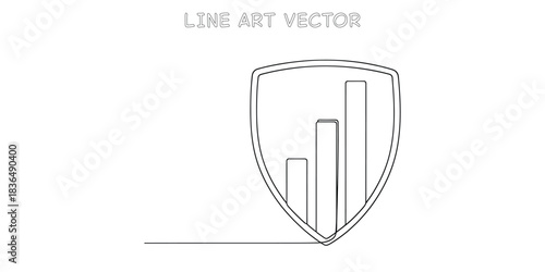 Continuous one line drawing of security shield with bar graph inside representing financial protection and stable growth