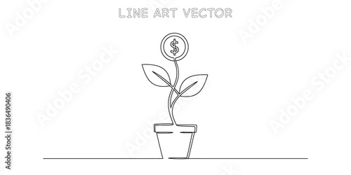 Continuous one line drawing of money plant growing in pot with dollar coin flower representing investment growth