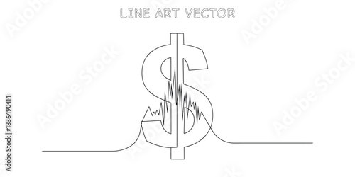 Continuous one line drawing of dollar sign with jagged graph line inside representing market volatility and stock trading