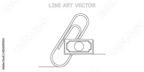 Continuous one line drawing of paperclip holding banknote representing budget management and financial organization
