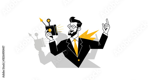 Businessman with vintage radio enthusiastically broadcasting ideas and concepts