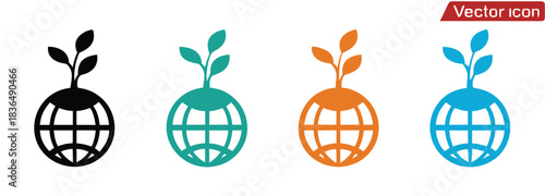 Promote ecological balance with sprouting globe icons set,global environment icon set. environmentally friendly and eco symbols. sprout with leaves and earth globe.
