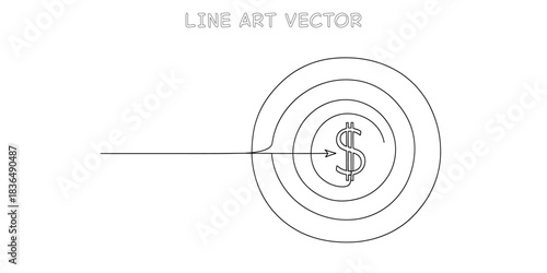 Continuous one line drawing of target board with dollar sign in center for financial goal and business focus concept