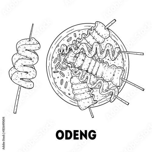 Odeng sketch. Korean food. Hand drawn vector illustration. Top view.