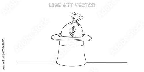 Continuous one line drawing of magic hat with money bag appearing representing quick profit and financial trick