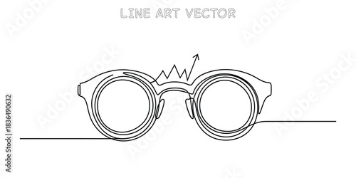 Continuous one line drawing of eyeglasses with broken graph line above representing stress and financial crash vision