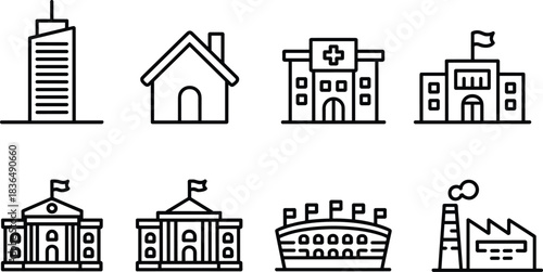 Building icons, black line vector set, school, hospital, government, stadium, factory, urban architecture symbols, editable civic structure graphics, minimal design elements