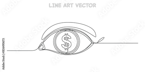 Continuous one line drawing of human eye with dollar coin iris representing financial vision and focus on money