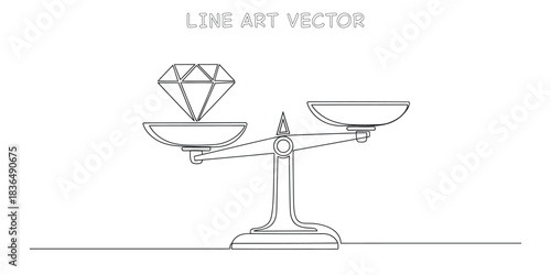 Continuous one line drawing of balance scale weighing diamond symbolizing value assessment and precious investment