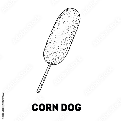 Corn dog sketch. Korean food. Hand drawn vector illustration. Top view.