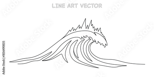 Continuous one line drawing of big ocean wave with graph peaks representing market tsunami or fluid dynamics