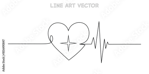Continuous one line drawing of heart shape with heartbeat pulse line symbolizing health insurance and medical vitality