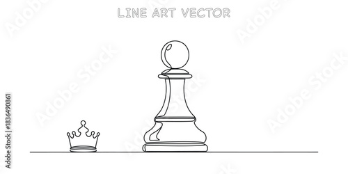 Continuous one line drawing of chess pawn with king crown shadow representing potential and strategic leadership
