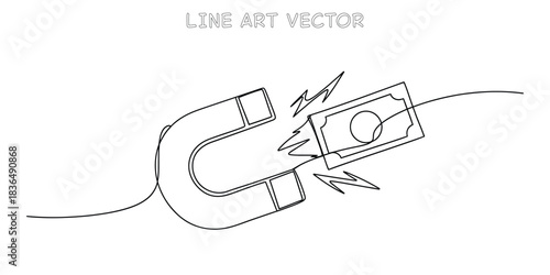 Continuous one line drawing of magnet attracting banknote representing income generation and money attraction