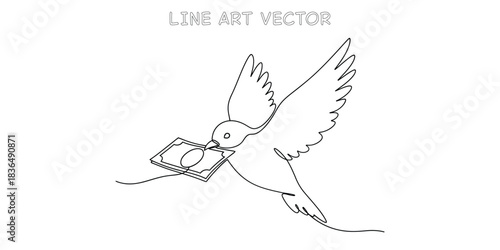 Continuous one line drawing of flying bird carrying banknote in beak representing freedom and financial aid delivery
