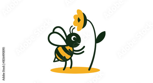Cartoon bee interacting with a yellow flower isolated on white background