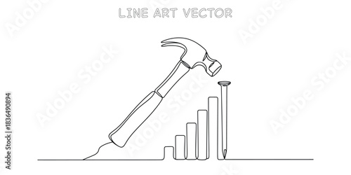 Continuous one line drawing of hammer hitting nail into bar graph representing hard work and building financial success