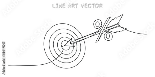 Continuous one line drawing of arrow hitting target bullseye through percentage sign for sales goal achievement