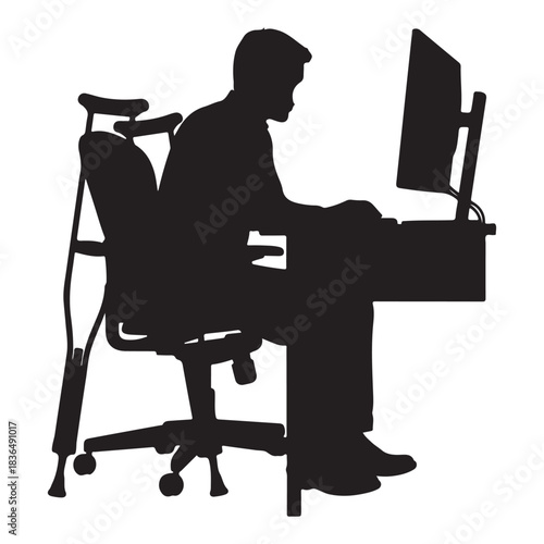 Silhouette of Man with Crutches Working at a Computer Desk person black and white