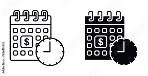 Payment due date icon set. Payment due date vector symbol in black filled and outlined style.