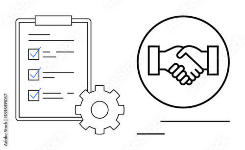 Business agreement. Business agreement ation with handshake, workflow checklist, and gear icon. Business agreement concepts for partnerships, collaboration, and productivity solutions