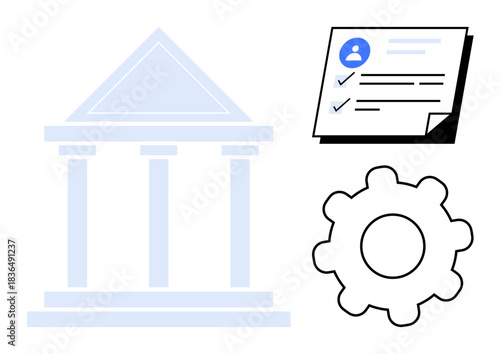 Classical government structure, checklist document, and gear icon for operations, compliance, and workflows. Ideal for governance, administration, policies, law management efficiency systems