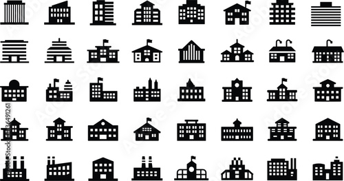 Building icons, black silhouette vector set, diverse architectural styles, office, school, factory, institutional structures, editable urban design elements, infrastructure graphics