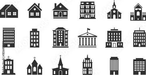 Building icons, black silhouette vector set, residential, religious, institutional architecture, urban structure graphics, editable design elements, diverse architectural style symbols