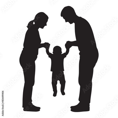 Silhouette of parents holding up a child on a white background Keywords: family, silhouette, parents, child