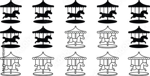 Carousel horse icons, black and outline vector set, amusement park ride symbols, fairground silhouette graphics, vintage entertainment elements, editable illustrations