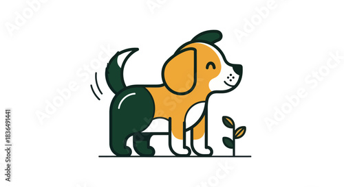 Cartoon dog illustration smiling and waving tail on white background