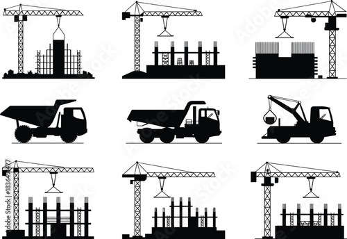 Construction icons, black silhouette vector set, tower crane, dump truck, mobile crane, building framework, editable industrial graphics, engineering and machinery elements