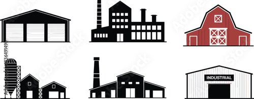 Industrial and agricultural buildings, vector illustration set, warehouse, factory, barn, silo, editable infrastructure graphics, rural and manufacturing design elements