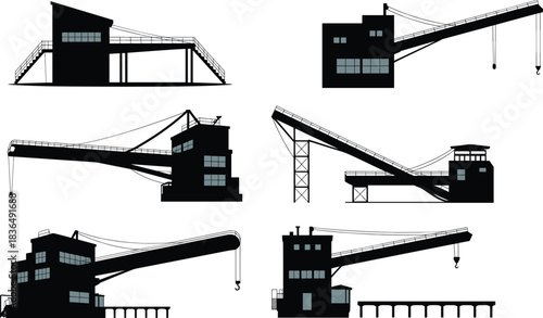 Industrial crane building icons, black silhouette vector set, heavy lifting structures, logistics facility graphics, editable manufacturing infrastructure design elements