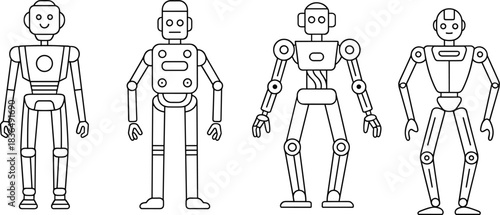 Stylized robot characters in black and white line art, mechanical humanoid designs with unique features and configurations, flat vector