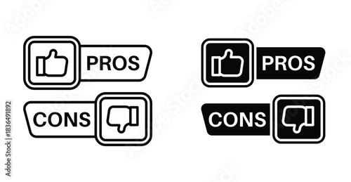 Pros and cons icon set. Pros and cons vector symbol in black filled and outlined style.