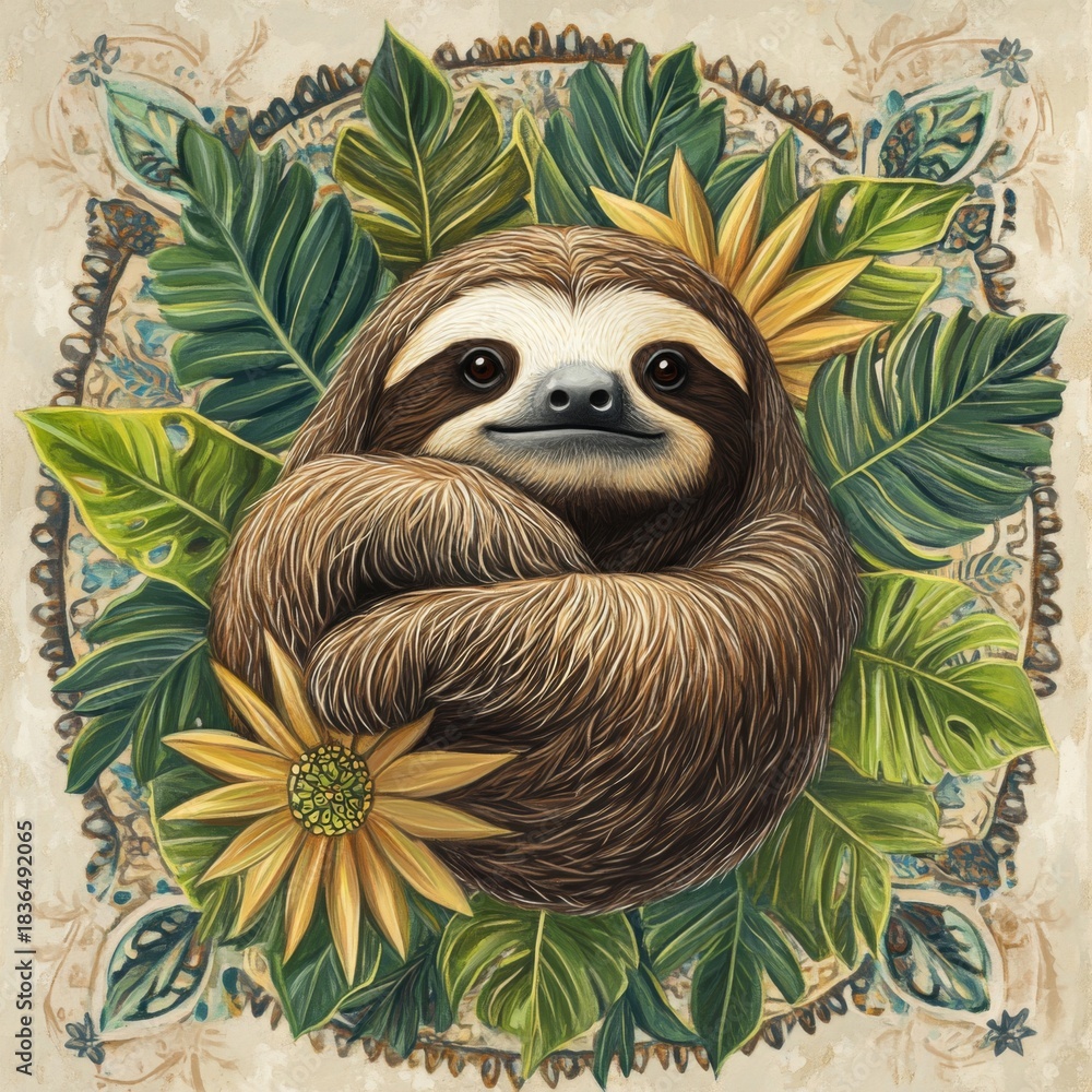 Naklejka premium Sloth Surrounded By Lush Tropical Foliage And Flowers