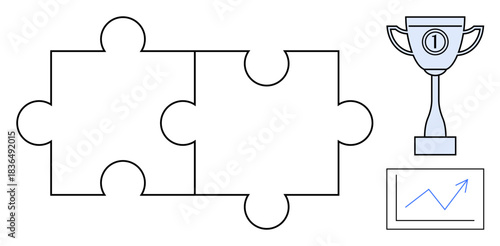 Success concept. Success and teamwork with puzzle pieces, trophy, and a growth chart. Success achievable through strategy and collaboration. Ideal for business, goals, training, teamwork leadership