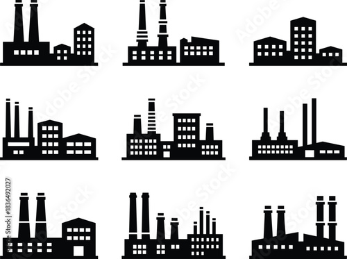 Industrial factory icons, black silhouette vector set, smokestack and chimney structures, manufacturing plant graphics, editable infrastructure symbols, minimal industry design elements
