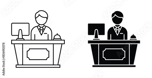 Reception in the hotel icon set. Reception in the hotel vector symbol in black filled and outlined style.