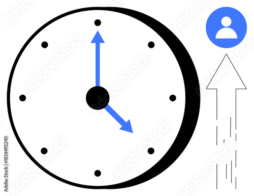 Time management, productivity, scheduling, organization, efficiency, progress. A clock with blue hands and a user profile icon with an upward arrow. Time management and productivity concept