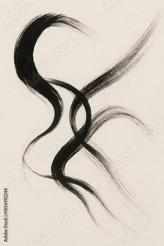 Abstract interwoven ink strokes forming fluid, organic curves on textured paper.