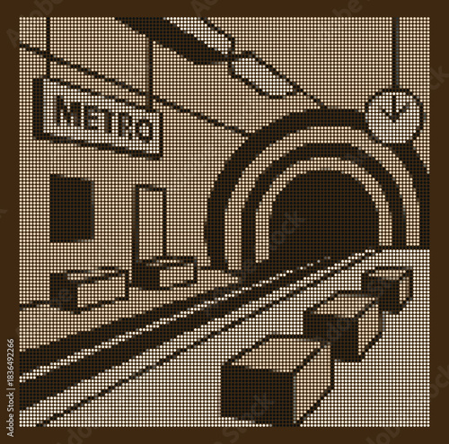 Minimalist Metro Station Halftone Dotwork Vector Illustration with Tunnel and Geometric Benches. Retro Sepia Subway Platform Mosaic Urban Train Architecture Background