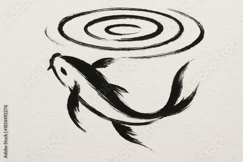 Minimalist ink illustration of a koi fish swimming beneath abstract circular ripples.