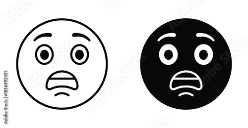 Scared expression face icon set. Scared expression face vector symbol in black filled and outlined style.