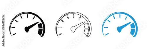 Speedometer icons. Speed indicator. Speedometers icons set. Speed guage. Risk indicator. Risk meter,Speedometer gauge showing performance level in black, white and blue,
