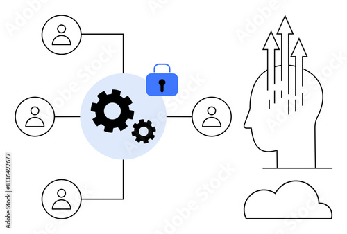 Data security concept. Data security visuals with network connections, gear system, and human inspiration. Data security enhancing innovation and collaboration. For tech, cloud, AI, creativity team