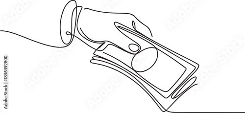 Continuous line drawing of hand hold money to give charity or pay something. one line Icon drawing