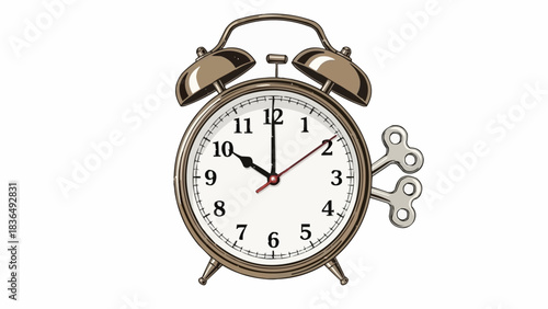 Classic Wind Up Alarm Clock with Key on White Background.