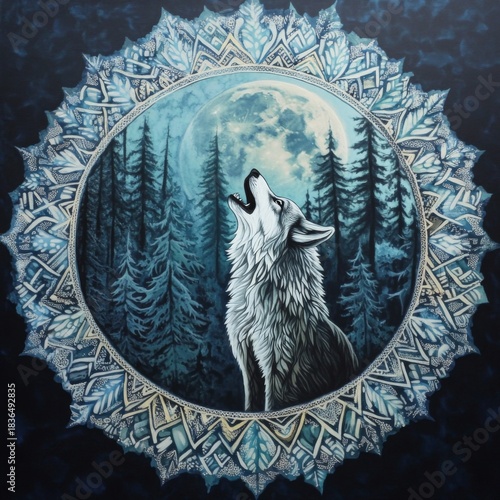 Howling Wolf Under Moonlight In Enchanting Forest Mandala